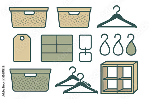 Home organization and storage items like baskets, hangers, and shelving units in a clean, minimalist graphic style