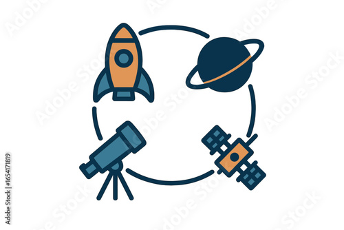 Space exploration and astronomical observation with rocket, planet, satellite, and telescope icons in circular flow