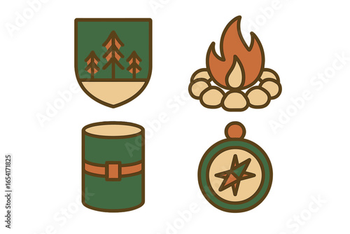 Camping and outdoor adventure icons: campfire, compass, trees in shield, canteen on gradient background