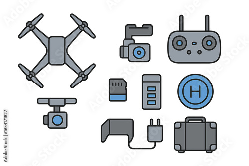 Drone accessories and equipment set featuring quadcopter, gimbal camera, remote, memory card, batteries, charger, and landing pad