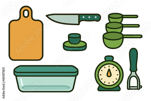 Assorted kitchen utensils and cooking tools for food preparation on a gradient background