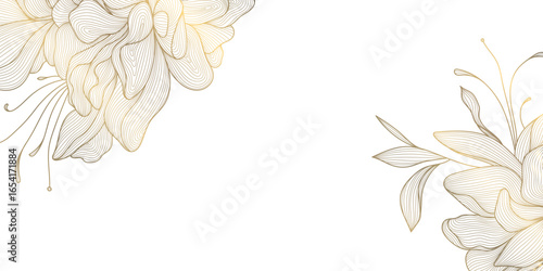 Vector gold line floral background, elegant art flower pattern. Luxury leaves, plant nature graphic, royal jungle illustration.