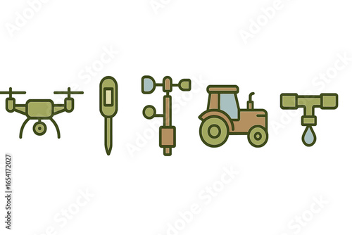 Modern farm tech icons: drone, thermometer, weather station, tractor, irrigation system on gradient background