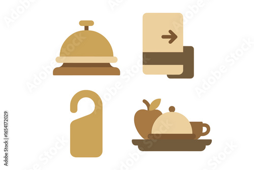 Hotel service icons: bell, key card, do not disturb sign, and room service tray with food