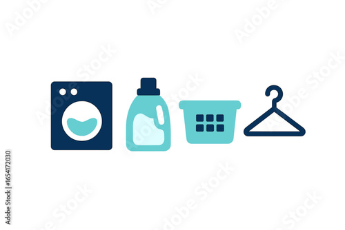 Modern laundry day icons: washing machine, detergent, basket, hanger with glowing effect on dark background