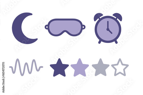 Sleep and rest icons: moon, mask, clock, sound wave, stars on dark glowing background