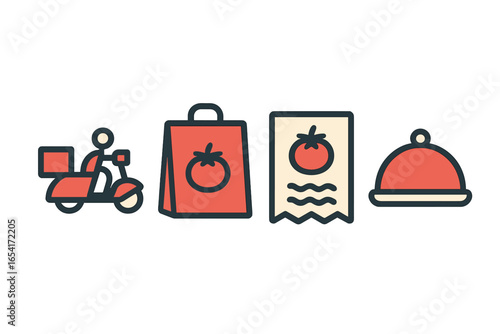 Food delivery icons: scooter, bag, receipt, cloche with tomato, symbolizing online ordering and restaurant takeout