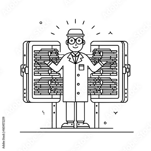 Scientist surrounded by overflowing data storage with a happy expression on his face and glasses