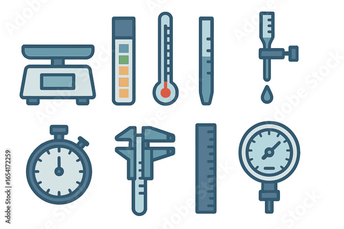 Modern flat design of scientific laboratory measuring instruments and tools, including scales, thermometers, calipers, and gauges