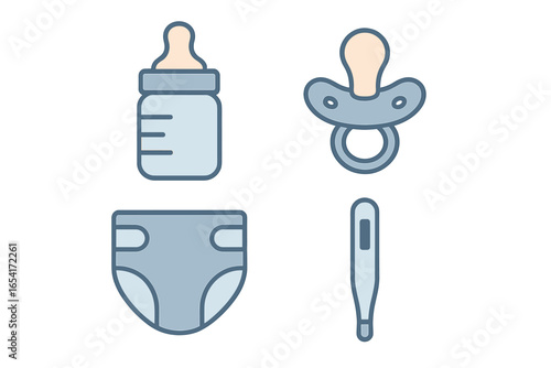 Baby care icons: feeding bottle, pacifier, diaper, and thermometer on a dark background