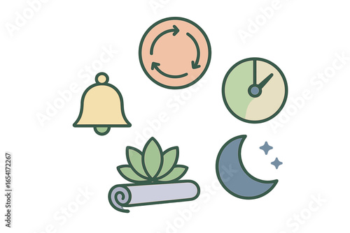 Stylized icons for time, notifications, and relaxation on a dark, subtly lit background