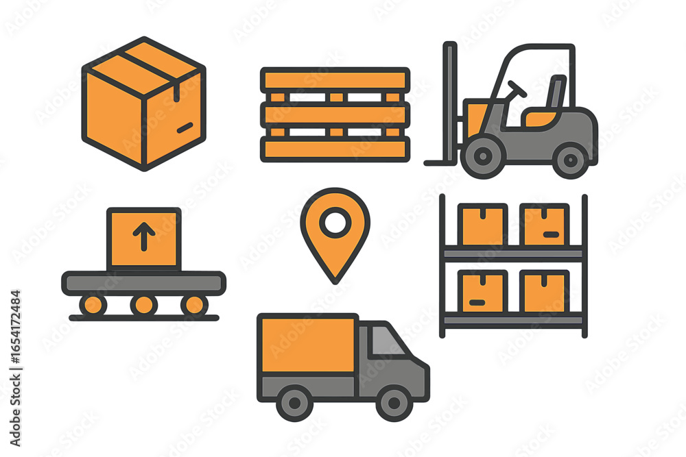 Fototapeta premium Logistics and delivery icons: forklift, truck, conveyor belt, boxes, pallet, location pin for supply chain and shipping