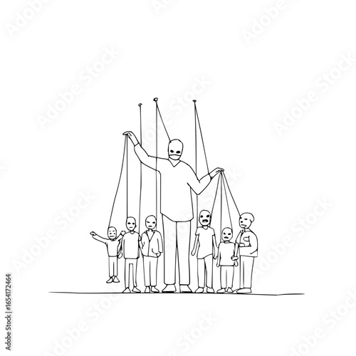Illustration of a puppet master controlling puppets with strings and blank expressions on their faces