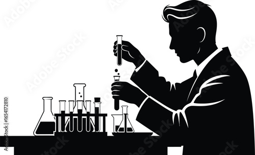 A scientist is conducting a chemical experiment in a laboratory, , in this silhouette illustration about scientific research