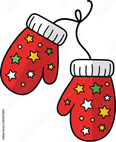 Christmas mittens, Festive winter gloves, Holiday mittens clipart, Red star mittens illustration, Cute winter gloves design