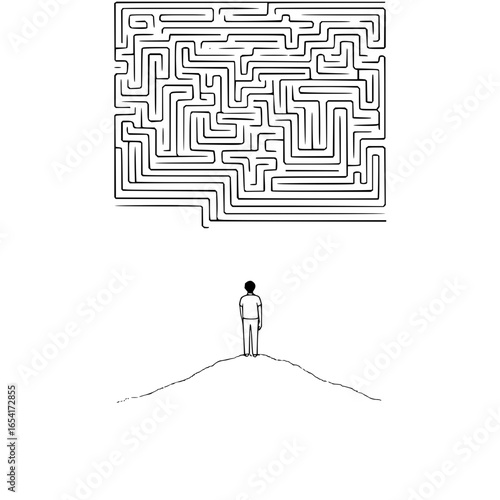 Man standing before a complex maze representing life choices and decisions ahead of him so be careful