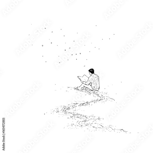 Man reading under the stars with a river flowing nearby in black and white ink drawing