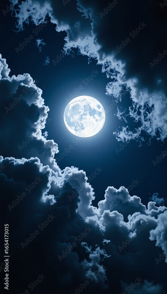Fototapeta premium Full Moon Shining Through Dramatic Clouds night sky