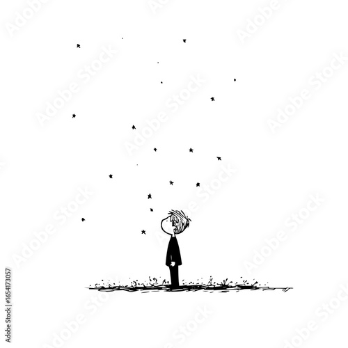 A boy gazes at the stars in the night sky with wonder and a sense of limitless possibility and dreams