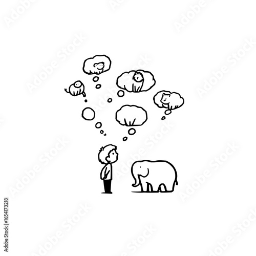 A boy dreaming of animals while standing next to an elephant in black and white drawing