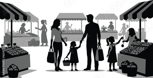 A family is shopping at a farmers market, , in this silhouette illustration about community and local produce