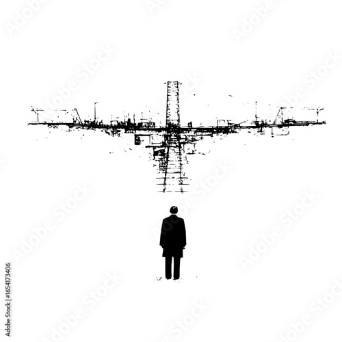 Man facing a distant abstract structure under a white sky with a dark and mysterious mood