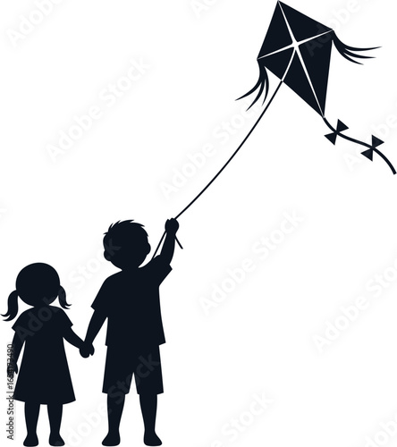 Silhouette of a boy and girl holding hands and flying a kite, representing childhood, friendship, and outdoor activities