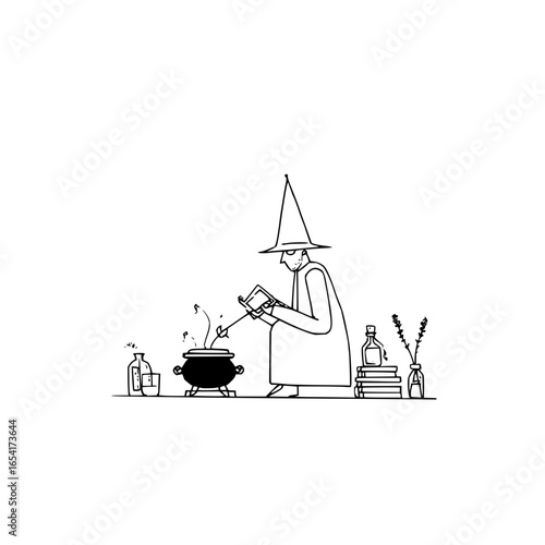 Wizard crafting a potion with a book for guidance in a whimsical and magical setting of a fantasy world