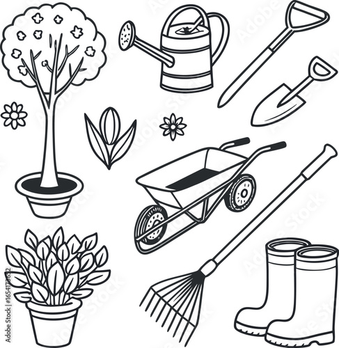 Vector art of collection of gardening tools and plants