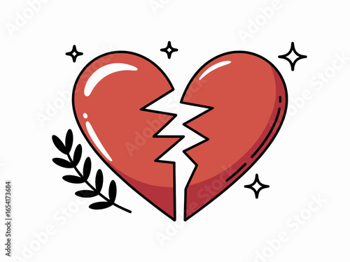 Illustration of a broken heart symbolizing lost love or heartbreak with decorative elements and a simple branch adding to the emotional narrative