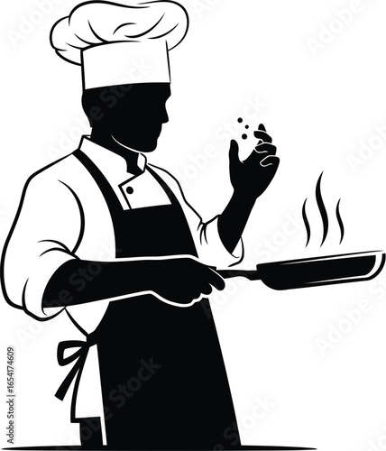 Silhouette of a professional chef in uniform cooking with a pan, showcasing culinary skills and food preparation