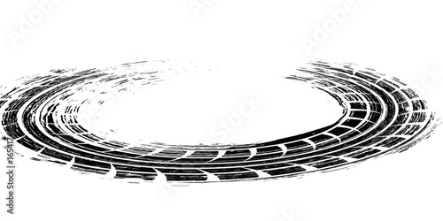 Tire track. Car, bike, motorcycle tyre mark with grunge effect isolated on white background. Wheel footprint on the road. Top view of rubber protector mark