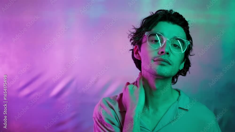 Chest up portrait of attractive young brunette man in trendy eyeglasses posing for camera in neon lighting Chest up portrait of attractive young brunette man in trendy eyeglasses posing for camera in neon lighting