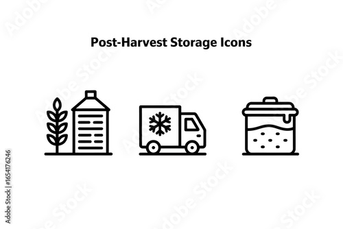 Post Harvest Storage Icon Set Featuring Grain Silo Refrigerated Truck and Canning Pot for Food Preservation