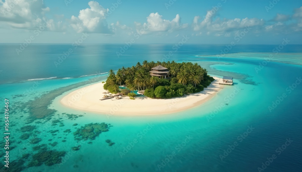 Fototapeta premium Aerial view of tropical island paradise in Maldives featuring luxury resort with palm trees, infinity pool. Crystal clear turquoise waters surround secluded atoll, pristine white sand beaches, sunny,