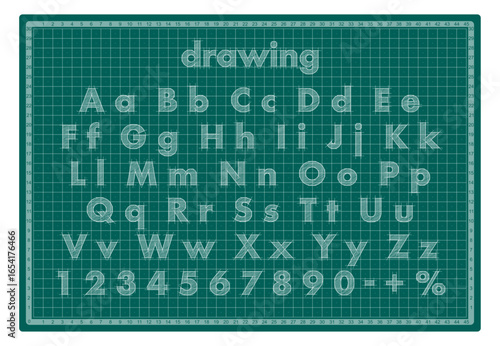 Blueprint font. Architectural typeface. Technical drawing alphabet and numbers with measurement guides on green cutting mat grid. Graphic vector illustration.