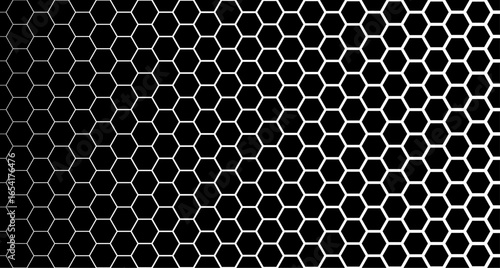 Honeycomb gradient hexagon seamless pattern. White hexagonal grid on black background with fading gradient effect. Vector geometric texture for backgrounds, wallpapers, and digital graphic design.