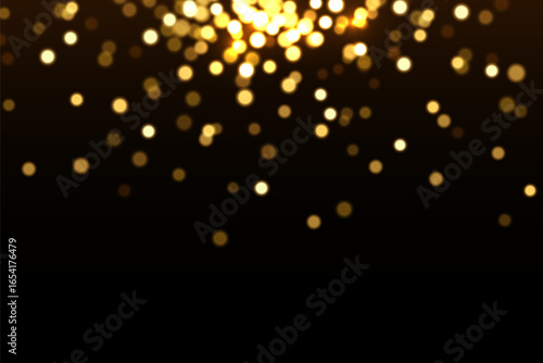 Gold light background with bokeh effect. Golden glittering lights on black background. Festive holiday shiny luxury backdrop. Abstract vector illustration.