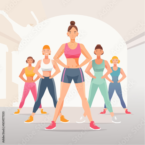 Group of Women participate in fitness class at daytime inside Gym studio