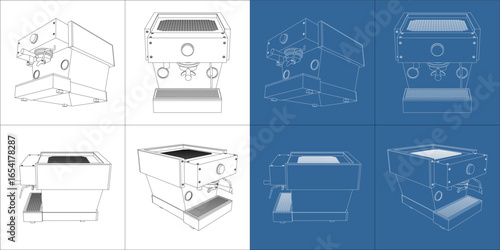 Espresso coffee machine blueprint technical vector drawing
