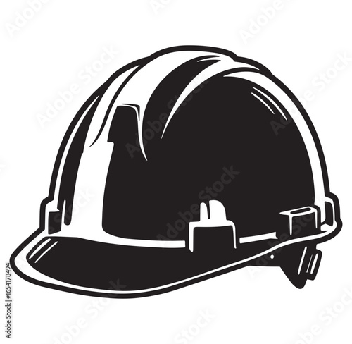 Black and white vector illustration of a protective construction hard hat