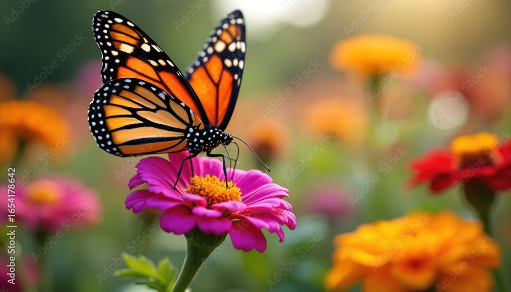 Naklejka premium Monarch butterfly lands on vibrant pink zinnia flower, collecting nectar. Bright orange wings with black patterns, white spots contrast with rich green foliage. Soft bokeh background with blurred