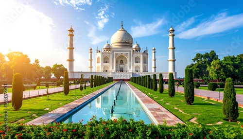 Majestic Taj Mahal with Reflecting Pool and Lush Gardens Under Sunny Sky