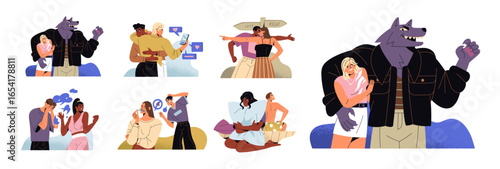 Toxic relationships concept set. Romantic couples with crisis quarrel, have problems: abuse, misunderstanding, cheating, lack of support, lie. Flat isolated vector illustrations on white background.