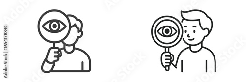 Illustration of a person holding a magnifying glass with an eye and another holding a magnifying glass smiling and observing