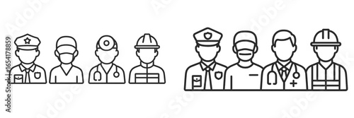 Various professionals including police officers, doctors, and construction workers depicted in a minimalist style