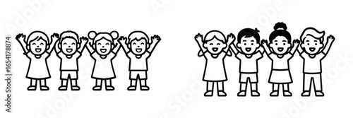 Playful children celebrating together during a fun activity in a cheerful environment with raised hands and happy expressions