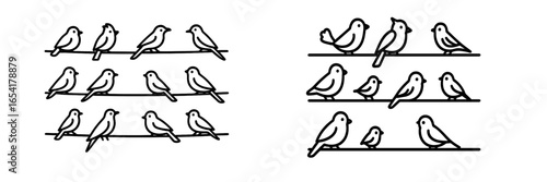 Birds perched on wires in a simple illustration showing various arrangements and styles during daytime