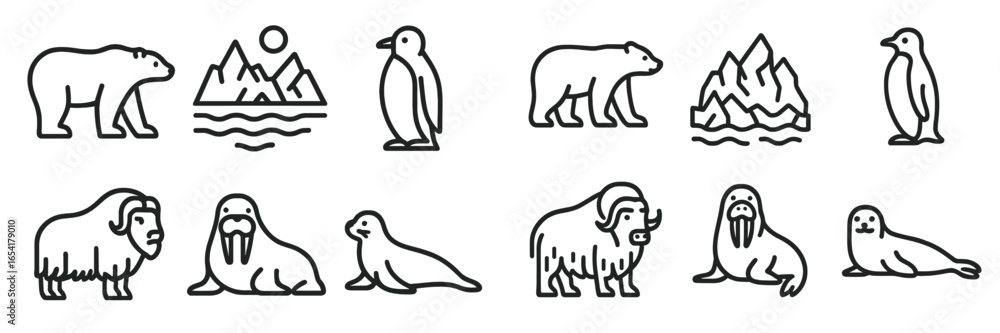 Obraz premium Wildlife icons featuring polar bears, penguins, walruses, and seals against a natural backdrop