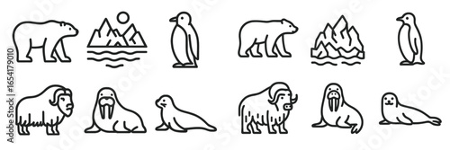 Wildlife icons featuring polar bears, penguins, walruses, and seals against a natural backdrop